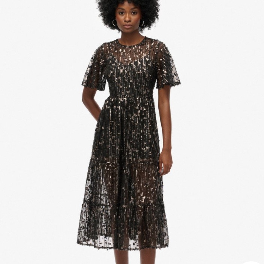 Volume Tiered Mesh Midi Sequin Dress